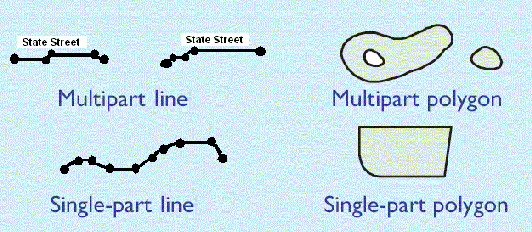 Geodatabase Lines and Polygons can be Single- or Multi-Part.